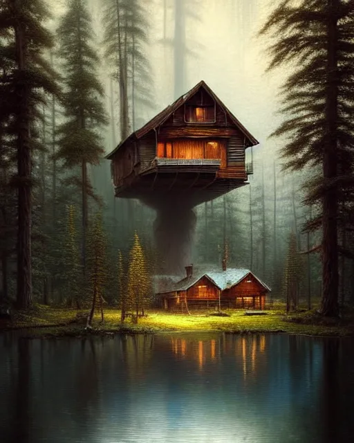 Image similar to a hyper - detailed 3 d render like an oil painting of cabin in the woods floating inside our own consciousness!!!!! surreal concept art, lifelike, photorealistic, digital painting, aesthetic, smooth, sharp focus, artstation hd, by greg rutkowski, bruce pennington, valentina remenar, rhads, asher duran,