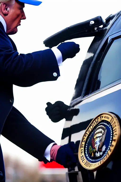 Image similar to donald trump being handcuffed by a police officer front of a police car, real life skin, intricate, high detailed, smooth, sharp focus