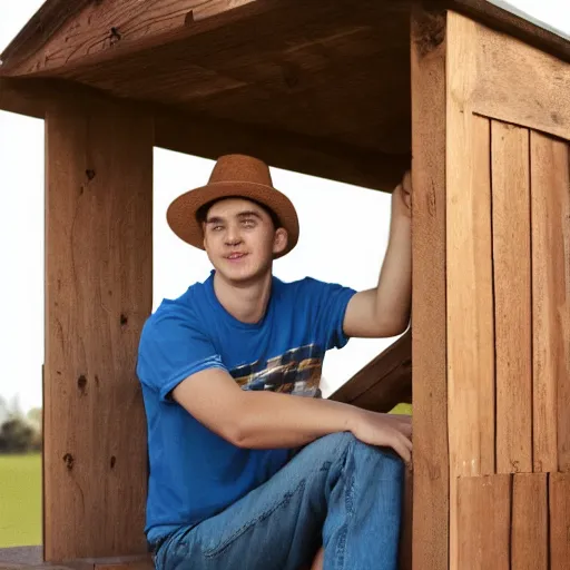 Image similar to upward photograph of a young man with a backward hat sitting on outdoor wooden bleachers next to a radio