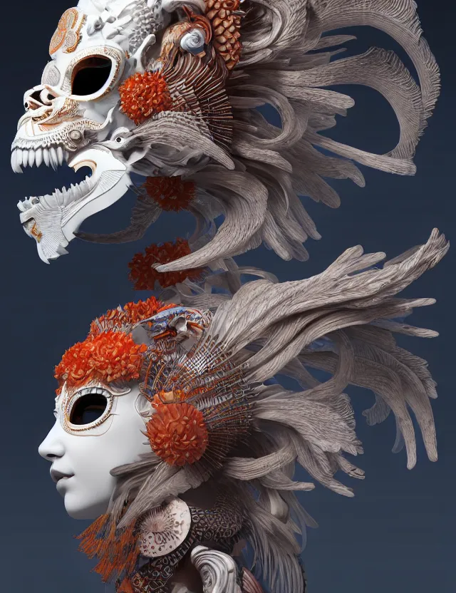 Image similar to 3 d goddess close - up profile portrait biomechanics with ram skull. beautiful intricately detailed japanese crow kitsune mask and clasical japanese kimono. betta fish, jellyfish phoenix, bio luminescent, plasma, ice, water, wind, creature, artwork by tooth wu and wlop and beeple and greg rutkowski