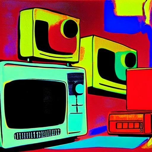 Image similar to array of crt televisions, tv static, blob, technology, antenna, stacked, junkyard, polaroid, steroids, adult video store, impressionist painting, painting, acrylic painting, cell shaded, by andy warhol