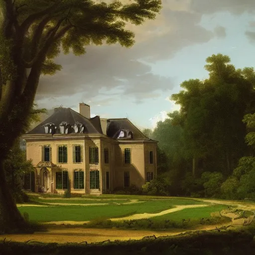 Image similar to a large serene beautiful matte painting of a delapitaded quaint french country mansion covered in vines, by asher brown durand and george ault featured on artstation,