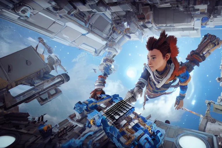 Prompt: cinematic picture of aloy from the horizon zero dawn videogame playing the guitar in the international space station, unreal engine 5