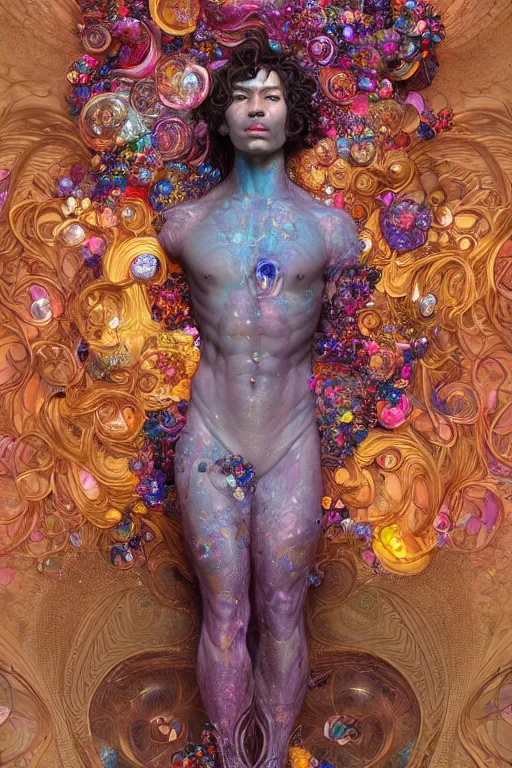 Prompt: a stunning rendition of full - body male sculpture made of fractal gems, fractal crystals, very intricate, hyper realistic, octane render, very colorful, vibrant, cinematic, amazing details, by james jean, by brian froud, by ross tran, by alphonse mucha