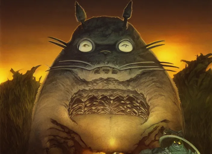 Image similar to totoro, glowing veins subsurface scattering, deep sea, sunset, portrait by gerald brom, by mikhail vrubel, by peter elson, muted colors, extreme detail, trending on artstation, 8 k
