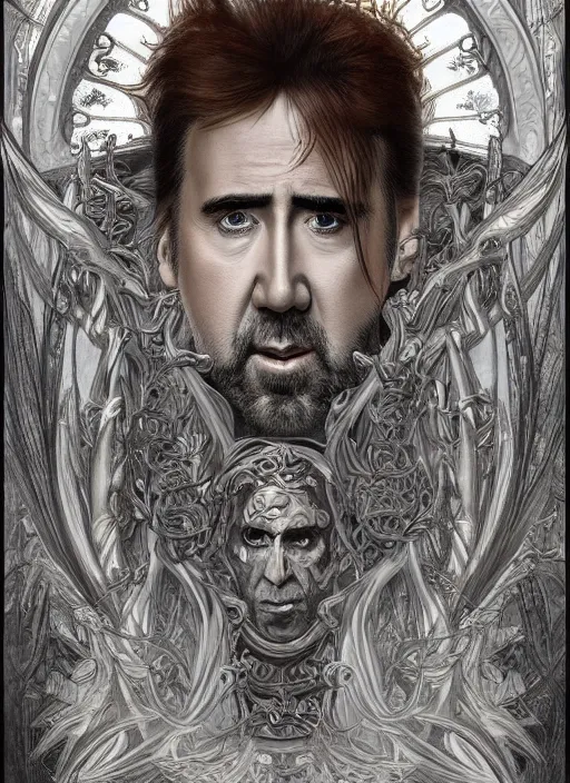 Image similar to Nicolas Cage as God of Hell, brutal, fantasy, intricate, elegant, highly detailed, digital painting, 4k, HDR, concept art, smooth, sharp focus, illustration, art by alphonse mucha,artgerm, H R Giger