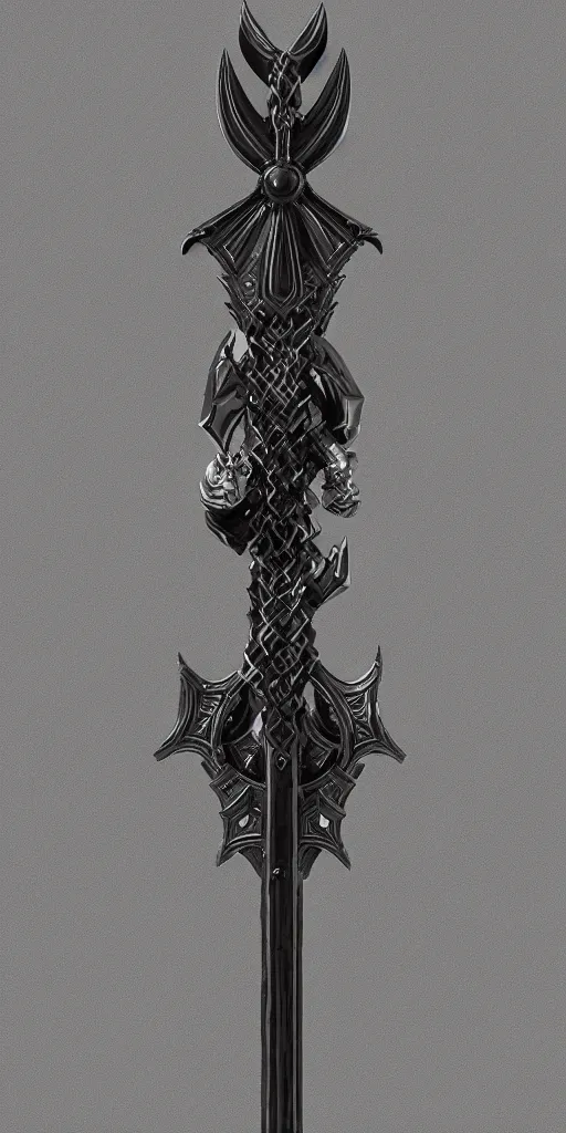 Image similar to a black and silver sword skull crest, ornament, weapon, a 3 d render by dom qwek, front side, concept art, trending on polycount, artstation, hard surface modeling, zbrush, hd, blizzard, symmetry