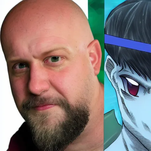 Image similar to bald ethan van sciver with a trimmed grey beard and point nose as an anime character