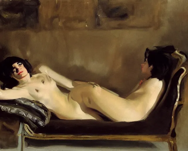 Image similar to A punk girl lying on a sofa, cinematic lighting, oil painting by John Singer Sargent