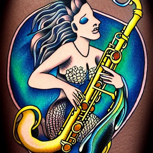 Image similar to american traditional tattoo art of a mermaid playing the saxophone, sheet paper
