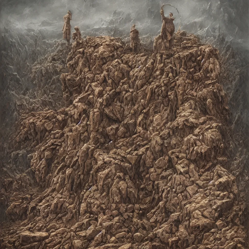 Image similar to oil painting of donald trump in a desolate hell - scape, shackled to a giant stone letter q, painted by dan seagrave, wayne barlowe and zdzisław beksinski, front and center, intricate detail, surrealist, macabre, dark, horror, pain, suffering, death