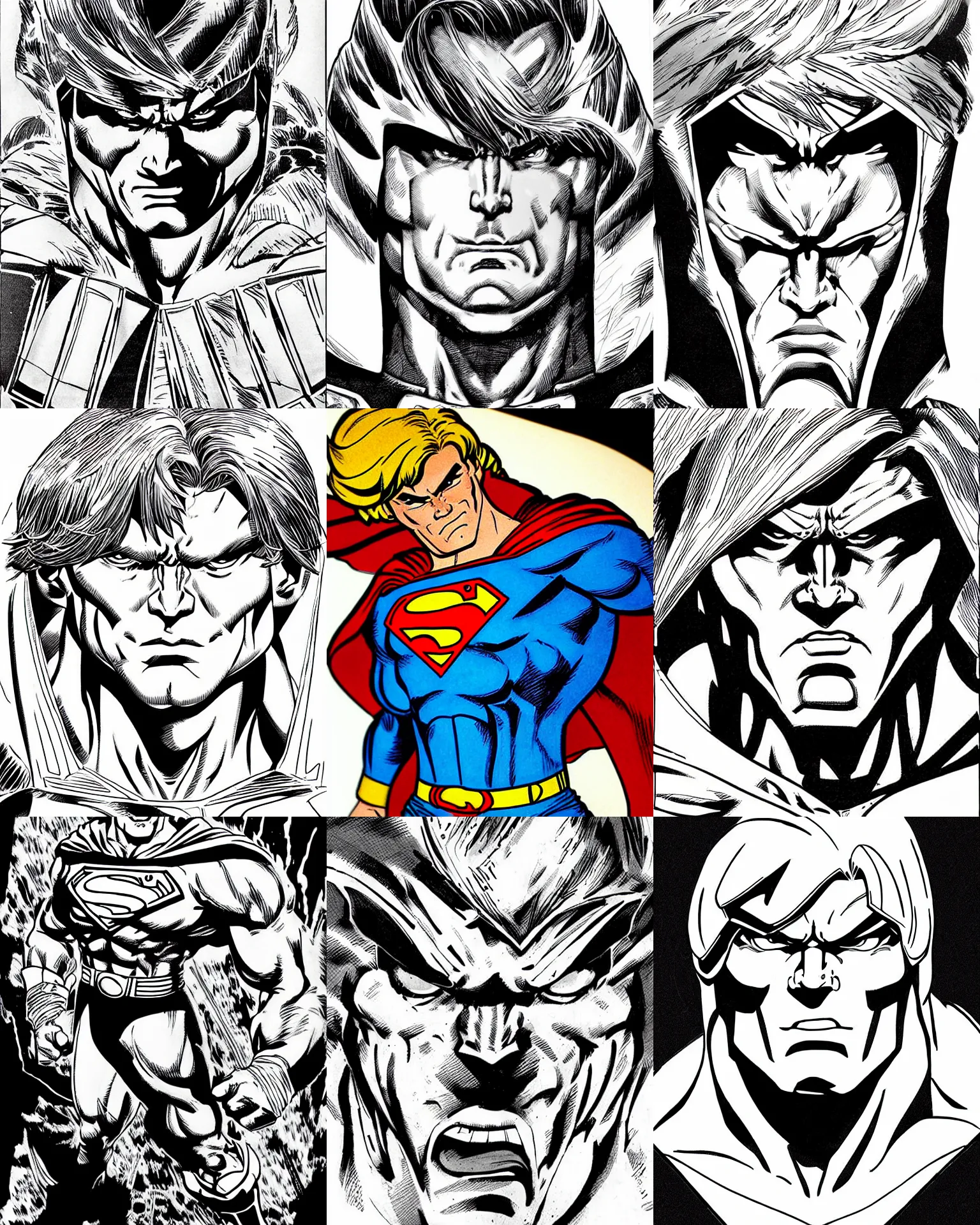 Prompt: he - man!!! jim lee!!! macro face shot!! flat ink sketch by jim lee face close up headshot superman costume in the style of jim lee, x - men superhero comic book character by jim lee