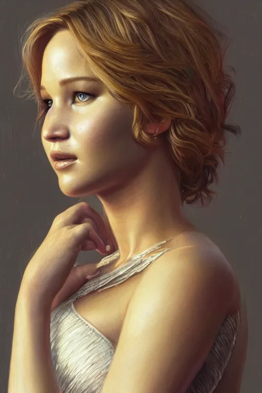 Image similar to painting of jennifer lawrence,, ultra realistic, sharp details, subsurface scattering, intricate details, warm lighting, beautiful features, highly detailed, photorealistic, octane render, 8 k, unreal engine, art by artgerm and greg rutkowski and alphonse mucha