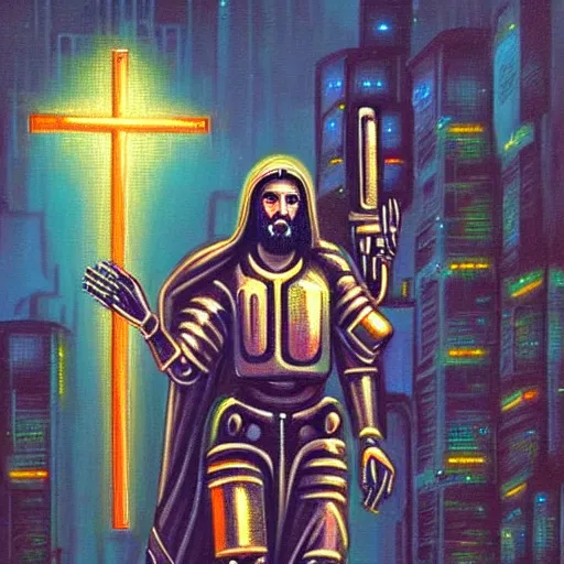 Image similar to beautiful detailed religious oil painting of robotic cyberpunk jesus with a gun in a neon city