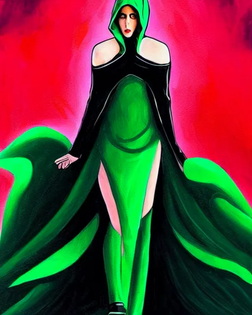 Prompt: Irina French art, Rachel Walpole art, cinematics lighting, beautiful Anna Kendrick supervillain, green dress with a black hood, angry, symmetrical face, Symmetrical eyes, full body, flying in the air over city, night time, red mood in background