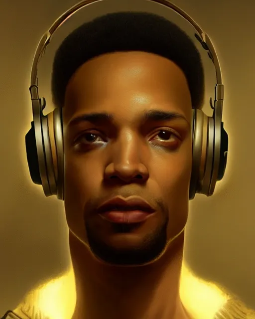 Image similar to light skin black man with headphones at his home studio producing music late at night, very detailed, 4 k, concept art like ernest khalimov, intricate details, highly detailed by greg rutkowski, ilya kuvshinov, gaston bussiere, craig mullins, simon bisley