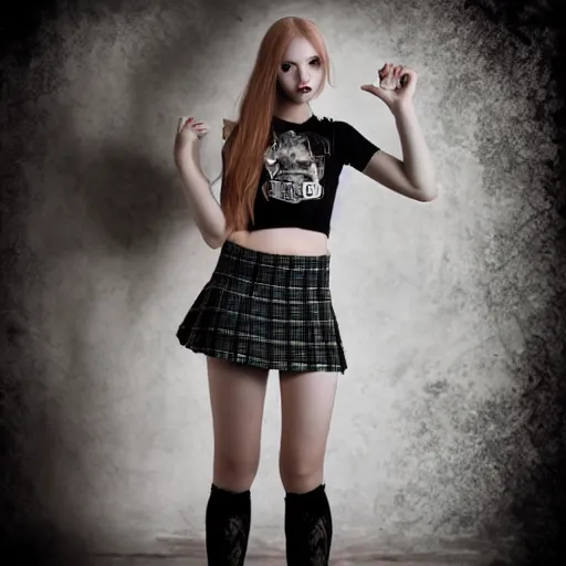 Image similar to gothic teen girl in plaid mini skirt and crop top, intricate, extremely detailed, modeling photography, 8 0 mm camera, dramatic lighting, dark room