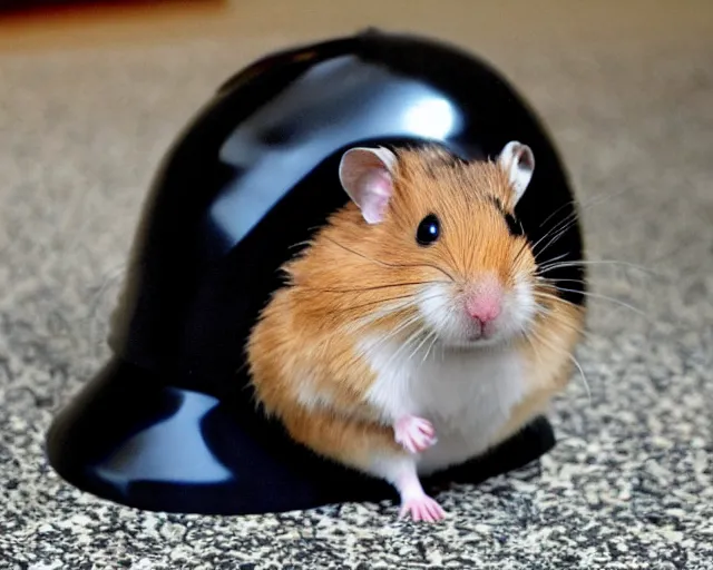 Prompt: photo of a hamster wearing a darth vader helmet