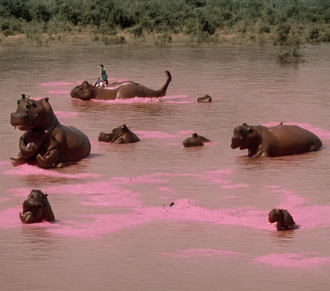 Image similar to a 3 5 mm photography, kodachrome colour of one grandpa riding a hippo in a pink lake, taken by martin parr