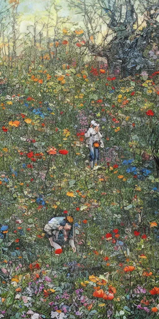 Image similar to oil painting scene from flower fields in the forest by kim jung gi