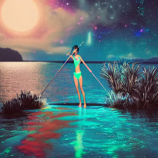 Image similar to bikini girl bioluminescent bacteria in water paddleboarding at night by highway man painting, stars, galaxies, photorealistic, high resolution, vray, hdr, hyper detailed, insane details, intricate, elite, ornate, elegant, luxury, dramatic lighting, octane render, weta digital, micro details, 3 d sculpture