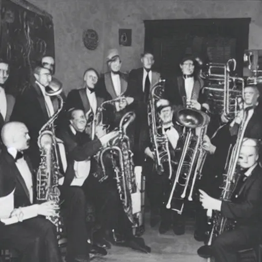 Prompt: photo of squidward from inside a 1 9 3 0's jazz ensemble