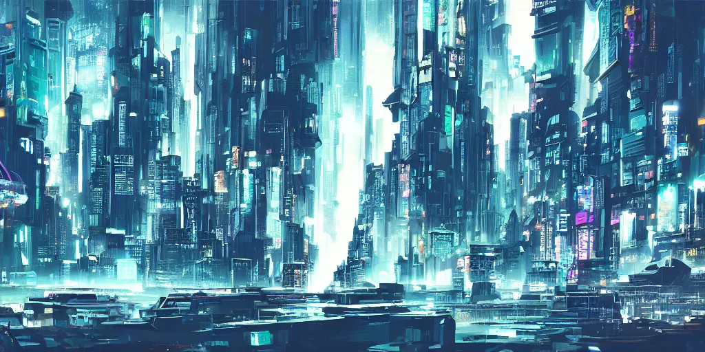 Prompt: city in the style of cyberpunk, singular gigantic building focus, space sky, anime illustration,