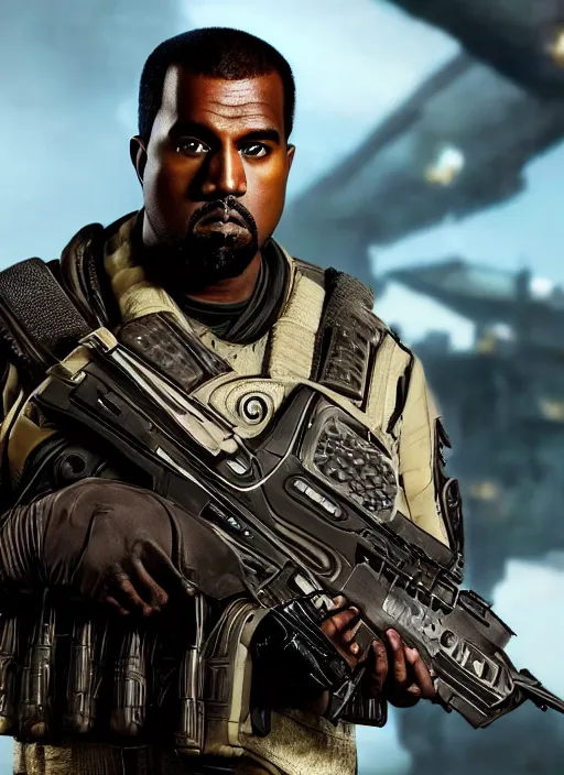 Prompt: kanye west as muammar kadhafi in gears of war, splash art, movie still, detailed face, cinematic lighting, dramatic, octane render, long lens, shallow depth of field, bokeh, anamorphic lens flare, 8 k, hyper detailed, 3 5 mm film grain