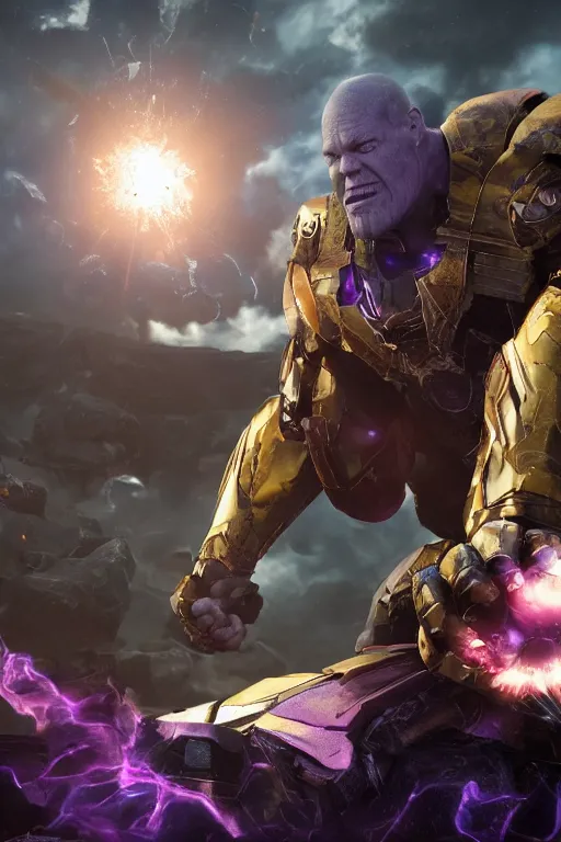 Image similar to thanos in a damaged and broken iron man suit, cinematic, volumetric lighting, f 8 aperture, cinematic eastman 5 3 8 4 film, photorealistic