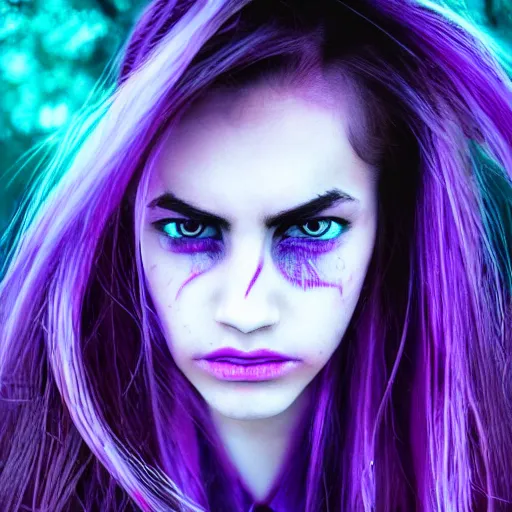 Image similar to detailed photo portrait of a furious teen girl with thin, hair-like purple tentacles on her head and bright purple eyes, 8k, trending on DeviantArt, face enhance,hyper detailed ,full of colour, dramatic lightning