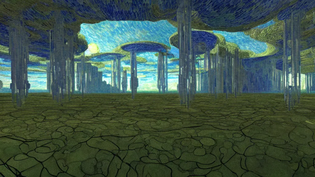 Prompt: A wide cavernous/rocky/interplanetary landscape with giant halls of mirrors into the distance, space extends above the horizon line, and overgrown vegetation everywhere #cinematic #isometric #octane #3d #contorted #stainedglass #monet #gogh #digitalartwork #acrylic #gemstone-dust