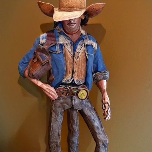 Image similar to a cowboy made out of wood, realistic, detailed,