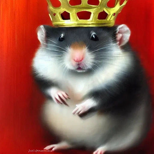 Prompt: a king hamster with a crown and a coat, painted by Raymond Swanland