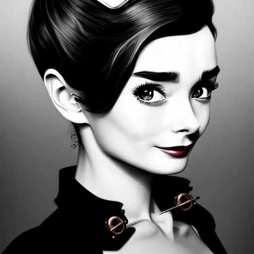 Image similar to in the style of diego fazio, artgerm, beautiful audrey hepburn, steampunk, elegant pose, middle shot, spooky, symmetrical face symmetrical eyes, three point lighting, detailed realistic eyes, short neck, insanely detailed and intricate elegant