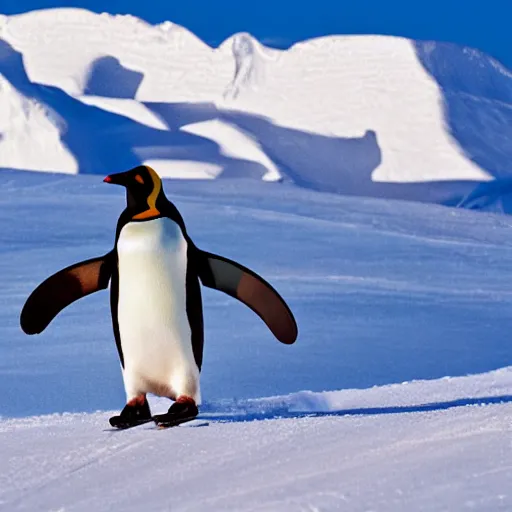 Image similar to penguin skiing on snow, snowy mountain background, snowing