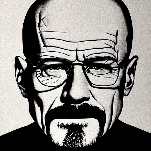 Image similar to a portrait of Walter White, made by Andy Warhol, two tone, very high contrast, only black and white, simplistic, extremely high contrast, two tone, notan art, by Andy Warhol, minimalistic,