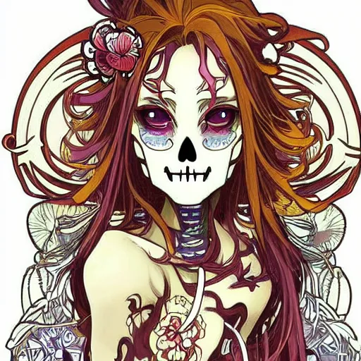 Image similar to anime manga skull portrait girl angel face skeleton illustration style by Alphonse Mucha and Takashi Murakami pop art nouveau