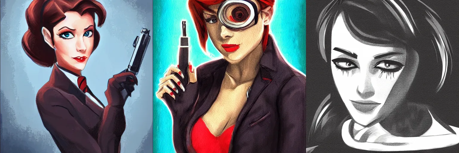 Prompt: female spy, artwork by GENZOMAN