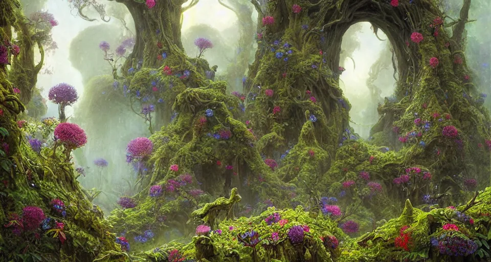 Image similar to a large alien shrine shrouded by mystic nebula magic in a field of flowers, ferdinand knab, breath - taking beautiful trees, streams, flowers, and mist, an aesthetically pleasing, dynamic, energetic, lively, complex, intricate, detailed, well - designed digital art of trees, streams, flowers, and mist, early morning, light and shadow