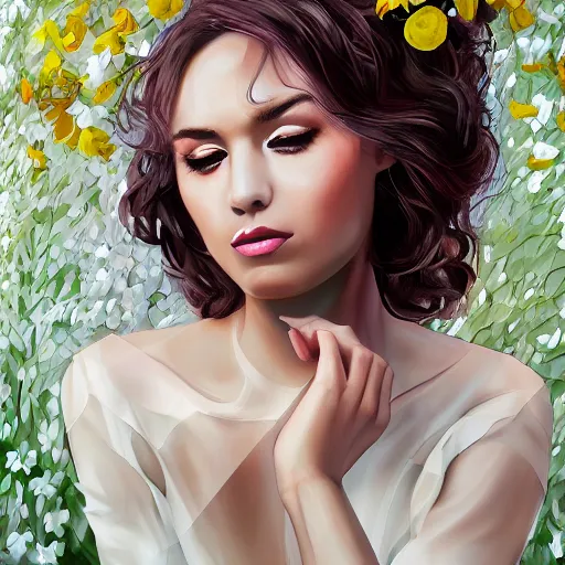 Image similar to Woman against a background of flowers, they are intertwined in her hair, the color of her hair white, coral lips and brown skin, she is in a white satin dress, photorealism style