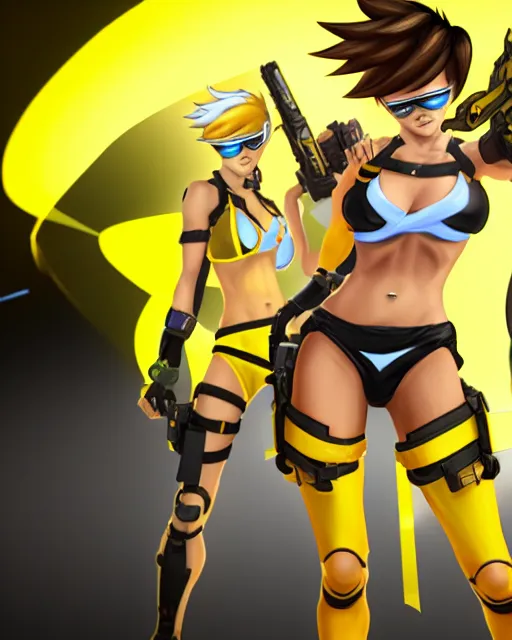 Image similar to tracer game character, in yellow bikini, blonde hair, black eyes, full height