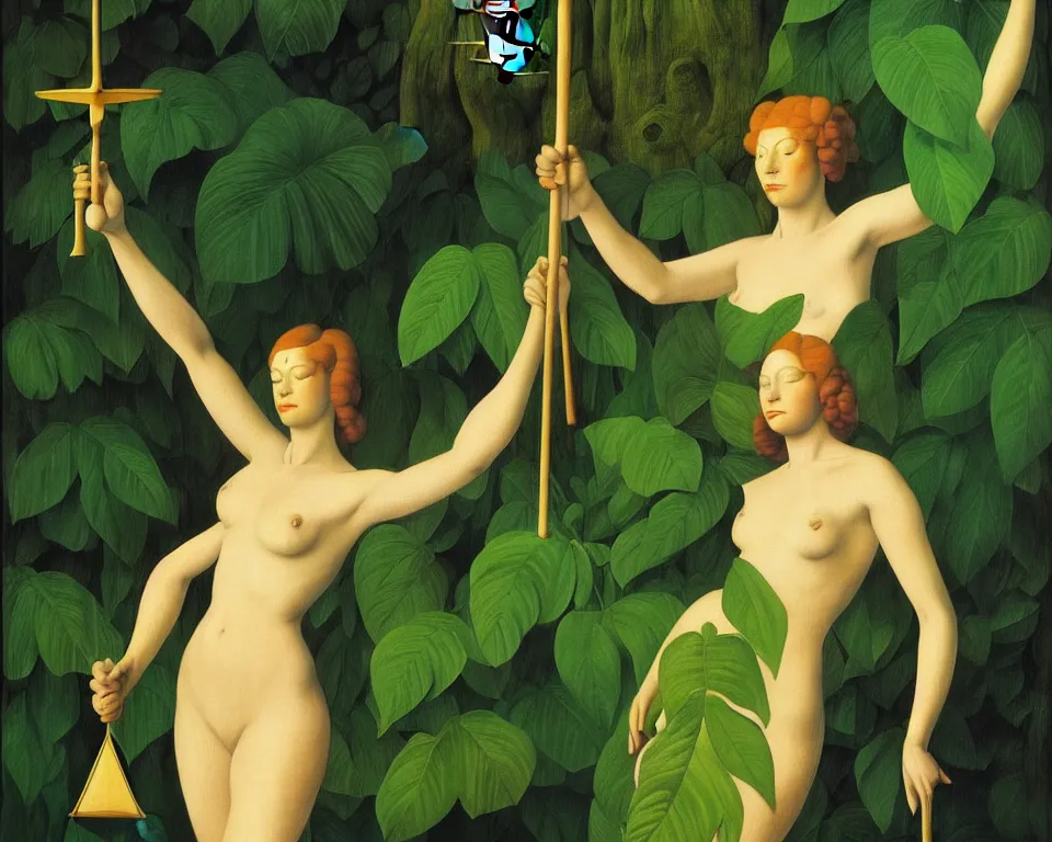 Prompt: an achingly beautiful print of blind lady justice in the tropical rainforest by Raphael, Hopper, and Rene Magritte. detailed, romantic, enchanting, trending on artstation.