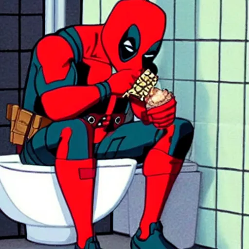 Image similar to Deadpool sitting on the toilet, eating a hamburger, by studio ghibli,