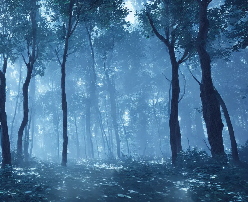 Image similar to blue forest, glowing, unreal engine 5, raytracing, shader, digital art, highly detailed, artstation, octane render