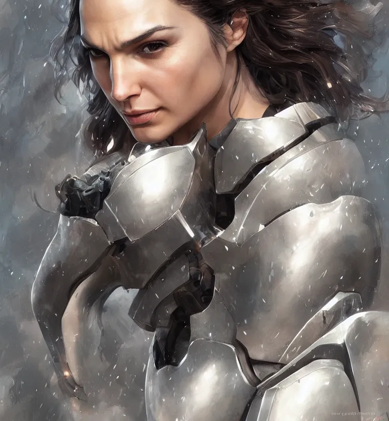 Image similar to fully body fashion model fantasy Gal Gadot wearing military armor long dark hair beautiful bone structure symmetrical facial features intricate elegant digital painting concept art smooth sharp focus illustration from Metal Gear by Ruan Jia and Mandy Jurgens by Artgerm by William-Adolphe Bouguerea