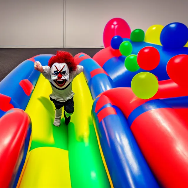 Image similar to , chased by a scary clown in an endless corridor made of bouncy castle, highly detailed, 8 k, hdr, smooth, sharp focus, high resolution, award - winning photo