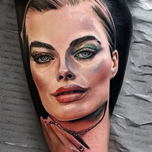 Image similar to face morph tattoo design sketch of margot robbie blended with beautiful mountain scenery, in the style of chris mataafa, amazing detail