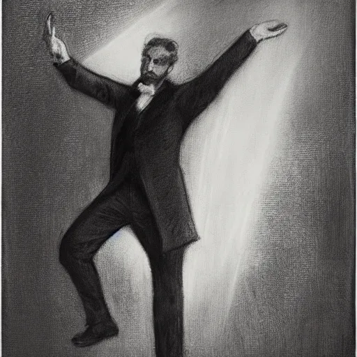 Prompt: action hero mage in suit and tie raising his arm and channeling light magic, by alfred stevens in charcoal