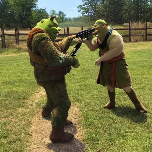 Image similar to shrek engaged in militia combat