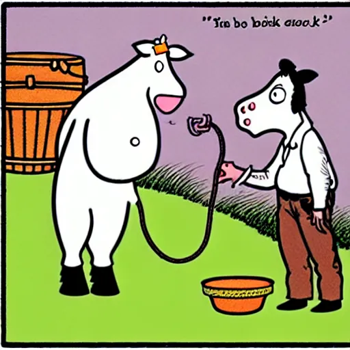 Image similar to a cow points at a bucket, far side, illustrated by gary larson